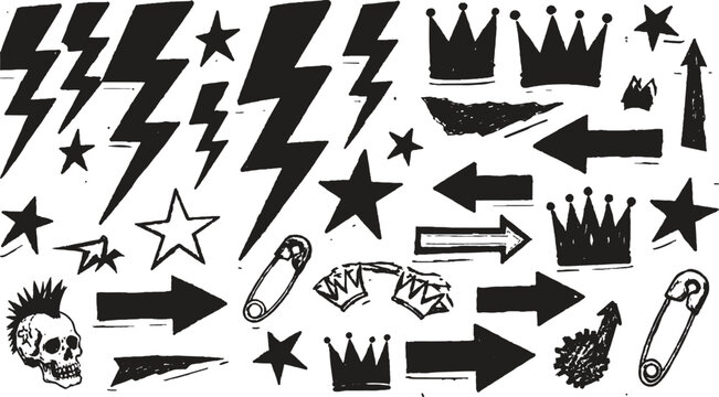A collection of black hand-drawn punk rock symbols featuring lightning bolts, stars, crowns, safety pins, arrows, and a mohawk skull with distressed textures and spray paint effects.