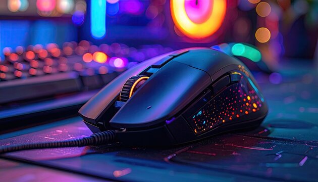 Gaming mouse with colorful lights sits on a patterned mousepad