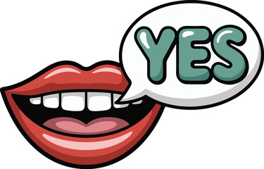 Obraz premium Smiling mouth with speech bubble saying yes in green letters on white background