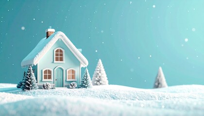 Fototapeta premium Winter scene snowy house on a snow-covered hill with falling flakes