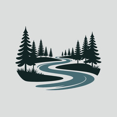 Fototapeta premium A winding river flows through a forest of tall pine trees. Vector