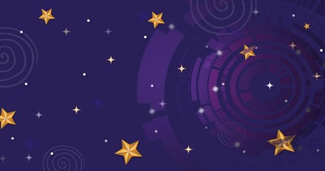 Naklejka premium Glossy golden 3D five-pointed stars floating across purple navy gradient with magenta tech rings