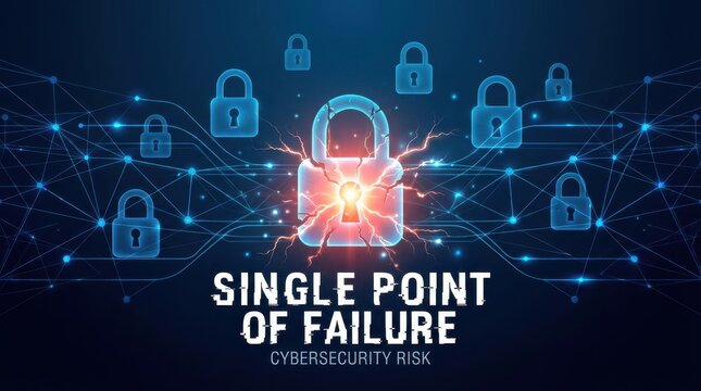 Cybersecurity risk single point of failure glowing red lock digital network security concept