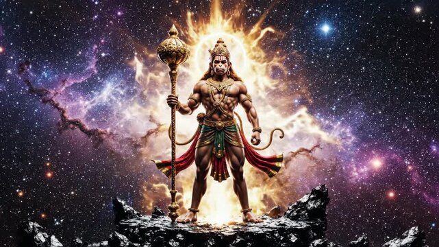 Lord hanuman stands powerfully with his gada, glowing golden against a vibrant cosmic sky, celebrating hanuman jayanti.