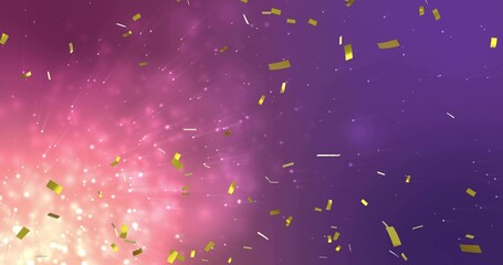 Glittering gold confetti filling pink-to-purple studio backdrop with bright burst, sparkles, bokeh