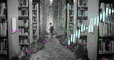 Naklejka premium Vertical video: Walking boy with pack following overlays down library aisle past shelves, trees