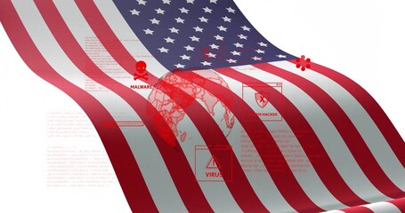 Displaying United States flag draping across white backdrop, with globe, skull icon and alerts