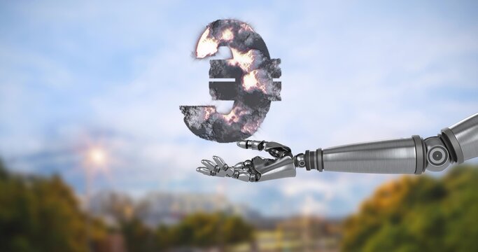 Extending metallic robotic arm and jointed hand holding damaged Euro symbol in urban park, sunflare