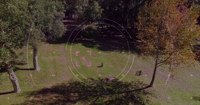 Displaying aerial HUD overlay over grassy clearing at park, showing wooden bench and green object