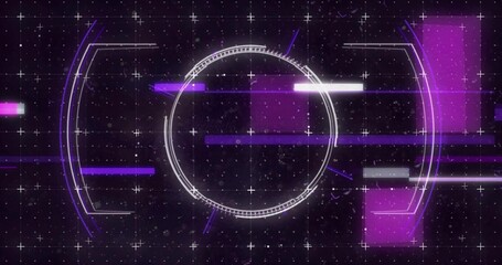 Displaying central white HUD ring with tick marks pulsing on starfield, crosshair grid, purple arcs