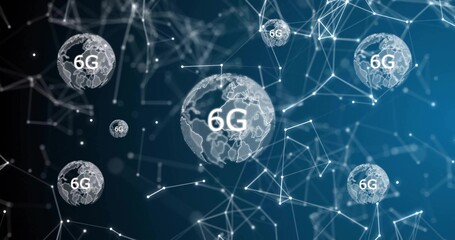 Floating centered wireframe globe showing 6G in digital mesh, with smaller globes and nodes