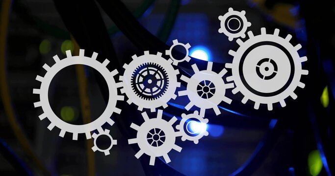 Floating white gear icons overlapping inside server rack, showing yellow cables, fibers, blue LEDs