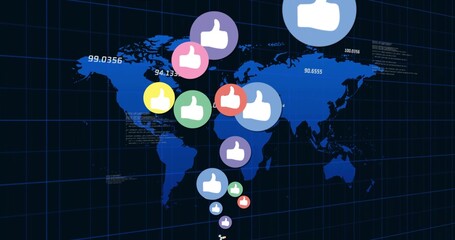 Naklejka premium Visualizing multicolor thumbs-up markers descending along center of digital world map, with coords