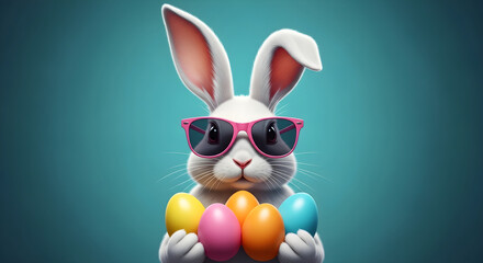 Easter bunny wearing sunglasses holding colorful eggs