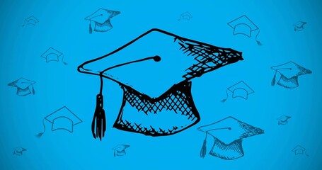 Featuring large mortarboard dominating blue gradient, showing tassel and smaller cap sketches