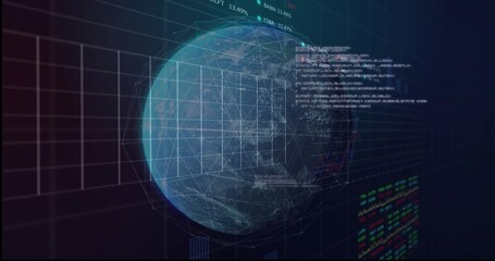 Fototapeta premium Rotating wireframe globe projecting node links and 3x3 grid in HUD with code panels and tickers