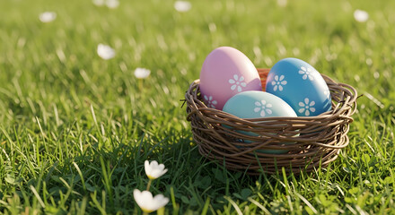 Fototapeta premium Easter eggs in a basket on a green grassy field with flowers
