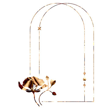 Golden arch frame with flower and star elements on transparent background
