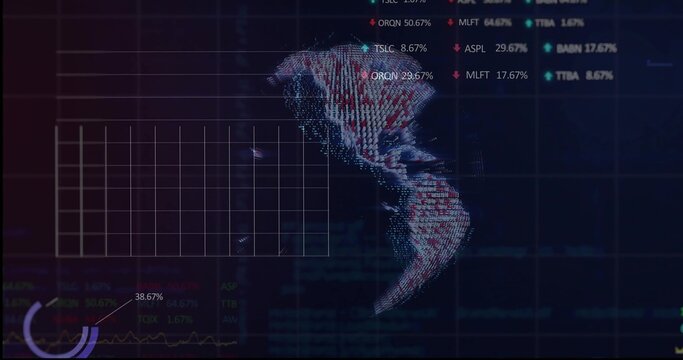 Displaying 3D point-cloud map of Americas on dark data dashboard, with grid, tickers, donut gauge