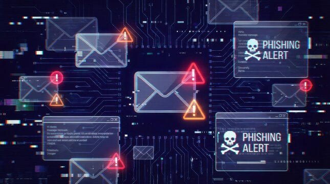 Phishing alert warning signs on digital circuit board with email icons cybersecurity concept