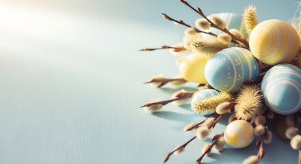Fototapeta premium Easter eggs and floral arrangement on pastel background for springtime celebrations