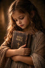 A young girl tenderly holds and reads an old Holy Bible, exuding a sense of serenity and devotion.