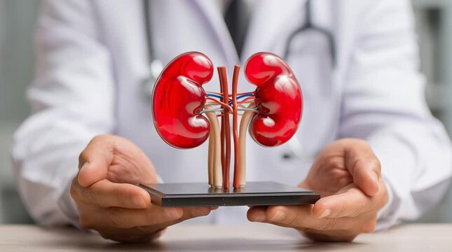 Doctor with human kidney model in hospital.