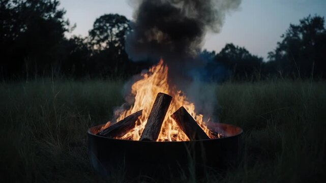 Burning wood in a metal fire pit at dusk in a grassy field with trees in the background