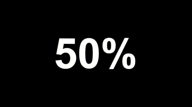 Clean white 3D fifty percent symbol with a subtle shadow on a black background representing a discount or a halfway point