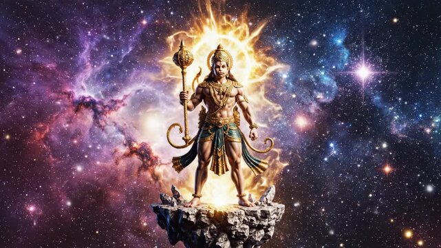Majestic lord hanuman, holding his gada, stands powerfully with a golden aura against a cosmic galaxy, celebrating hanuman jayanti.