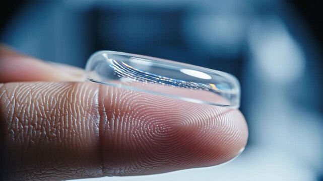 Fingertip balancing clear contact lens. Close-up hand holding transparent lens on index finger. Eye care preparation for vision correction and contact lens insertion process.