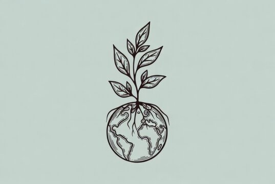 Pencil sketch of Earth globe with two-leaf seedling on sage green background.