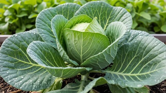 Fresh green cabbage growing in garden with dew droplets  