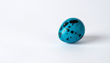 Bright blue speckled egg angled on a white studio background with shadow