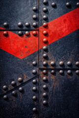 A rugged dark metal texture adorned with prominent rivets and a distressed red chevron stripe, conveying an industrial, grunge aesthetic.