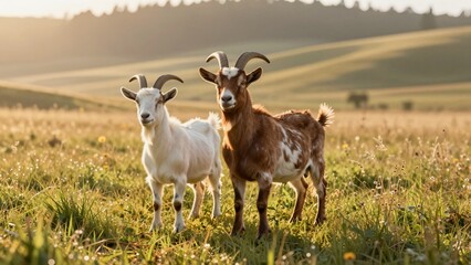 Naklejka premium Two Goats Standing Together in a Grassy Field Animal Portrait
