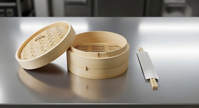 Bamboo Steamer and Tongs on a Shiny Stainless Steel Surface.
