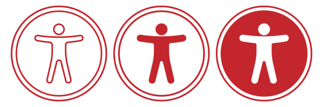 Accessibility icon set with red human figure in circle, universal web access symbol collection, handicap disability sign for medical healthcare app vector illustration.