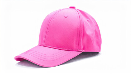 Fototapeta premium Bright pink baseball cap with a curved brim and a central button on a white background
