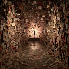 Fototapeta premium Silhouette figure in a tunnel of paper notes