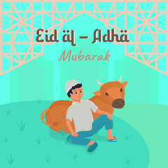 Fototapeta premium Illustration of a Muslim boy with a sacrificial cow celebrating Eid al-Adha Mubarak.