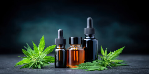 Fototapeta premium Pharmaceutical medical oil tincture bottles with cannabis leaves evoking natural wellness