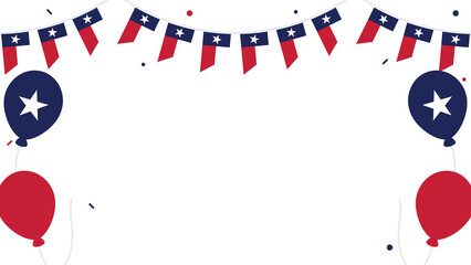 Obraz premium Cheerful Texas celebration background illustration with the Texas flag party bunting, balloons and confetti. Flat design illustration.