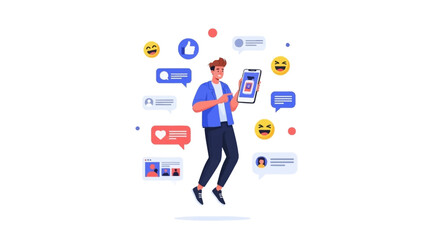 Young man actively engaging with a smartphone in a vibrant social media illustration, surrounded by various online interaction icons and emojis