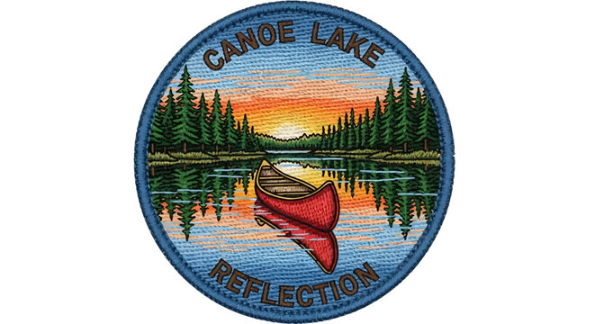 Vintage Embroidered Patch Design: Red Canoe on Serene Lake with Forest Reflection and Sunset Sky, Outdoor Nature Illustration