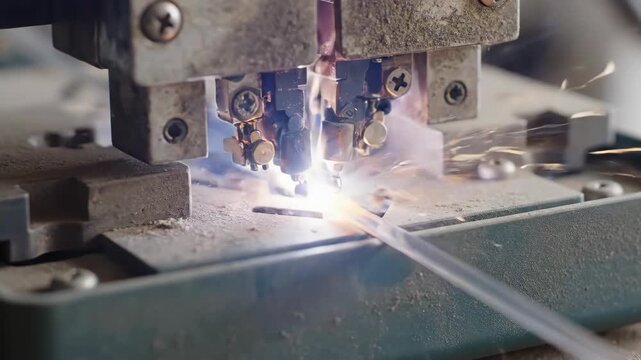 Fusion splicer positioning fiber optic cables. Electric arc flashes to join fibers. Fiber optic splicing process for telecommunications network connections.