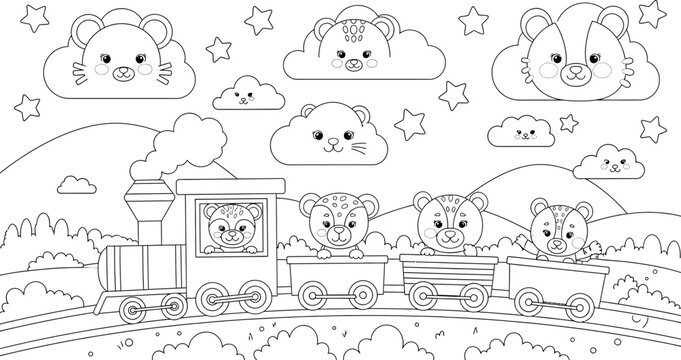 Whimsical train journey under smiling clouds