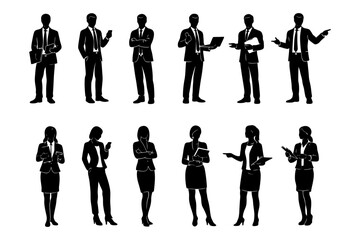 Silhouetted business figures: male and female professionals in suits.