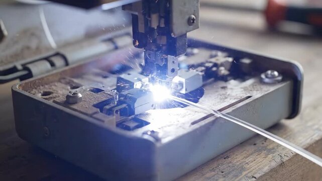 Fusion splicer connecting optical fibers using electric arc flash. Process of joining fiber optic cables for network installation. Telecommunications technology demonstration.
