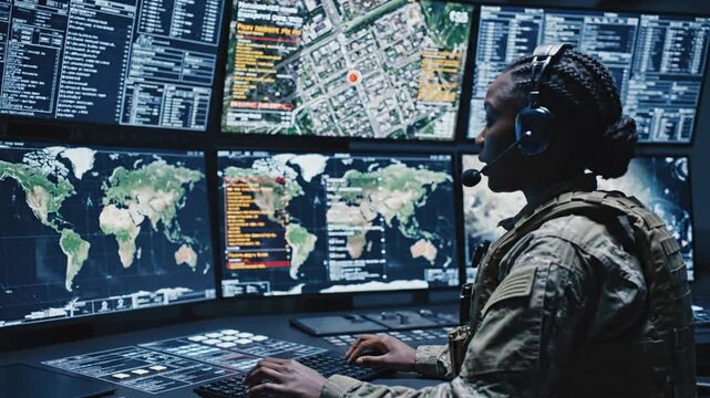 Soldier monitoring global intelligence on multiple screens in a dark command center